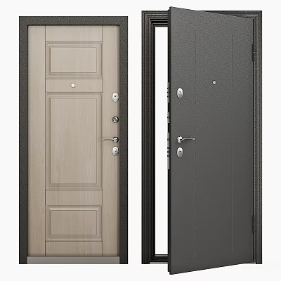 Modern Swing Door Design With Light And Dark Wood Panels And Metal Handles 3d model