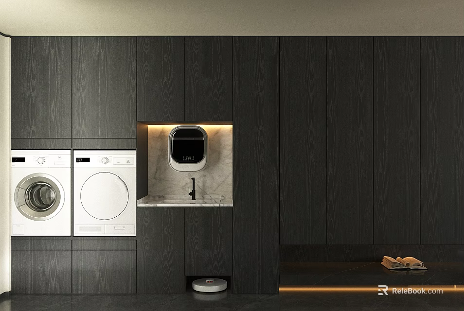 Dark Wood Balcony Cabinet Design With Washing Machine Dryer Water Dispenser Robot Vacuum And Slippers 3d model 