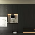 Dark Wood Balcony Cabinet Design With Washing Machine Dryer Water Dispenser Robot Vacuum And Slippers
