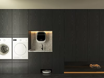 Dark Wood Balcony Cabinet Design With Washing Machine Dryer Water Dispenser Robot Vacuum And Slippers 3d model