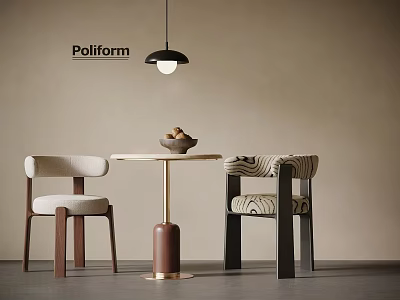 Modern Leisure Chairs with White Cushion and Zebra Pattern Design Round Table and Pendant Light 3d model