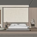 Tatami Bedroom Interior with Wooden Walls Decorative Scroll and Minimalist Floor Lamp