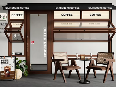 Starbucks Coffee Shop Interior With Wooden Furniture Tables Chairs And Green Plants 3d model