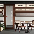 Starbucks Coffee Shop Interior With Wooden Furniture Tables Chairs And Green Plants