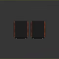 Modern Bookshelf Speakers With Red Wooden Finish And Black Speaker Cones On Reflective Surface