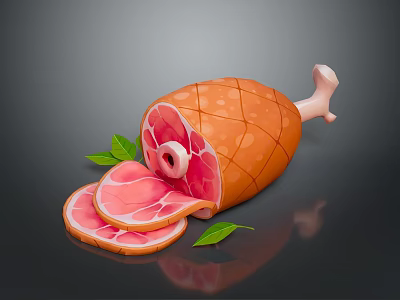 Sliced Bone In Ham With Fresh Slices And Green Leaves On Dark Background 3d model