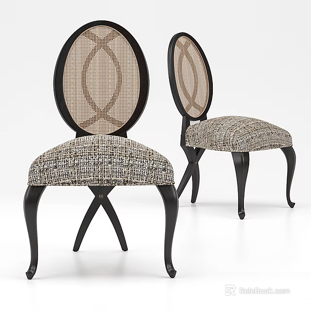 Elegant Dining Chairs Featuring Round Woven Back Textured Fabric Seat And Black Curved Legs 3d model 
