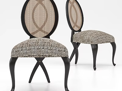 Elegant Dining Chairs Featuring Round Woven Back Textured Fabric Seat And Black Curved Legs 3d model