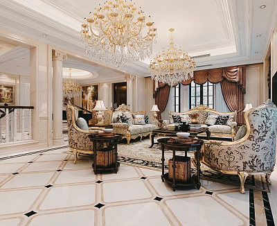 Classic Living Room Interior with Crystal Chandeliers Sofa Armchairs Coffee Tables and Curtains 3d model