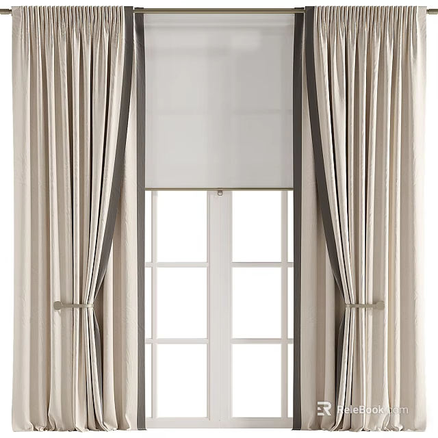 Elegant Beige Striped Curtains With Sheer Panel For Double Door Window 3d model 