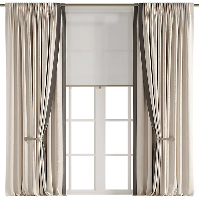 Elegant Beige Striped Curtains With Sheer Panel For Double Door Window 3d model