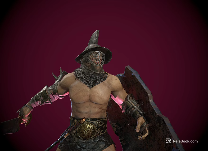 Armored Warrior Character Confronting Mythical Beast With Spiked Helmet Shield And Red Background 3d model 