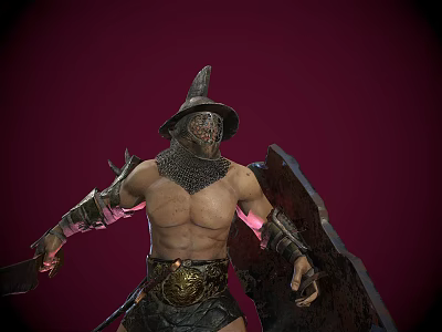 Armored Warrior Character Confronting Mythical Beast With Spiked Helmet Shield And Red Background 3d model