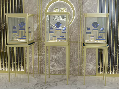 Golden Customized Display Shelves For Jewelry With Marble Background And Decorative Frames 3d model