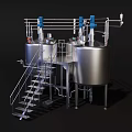 Industrial Equipment Featuring Stainless Steel Tanks With Blue Valves Pipes Metal Stairs And Platform