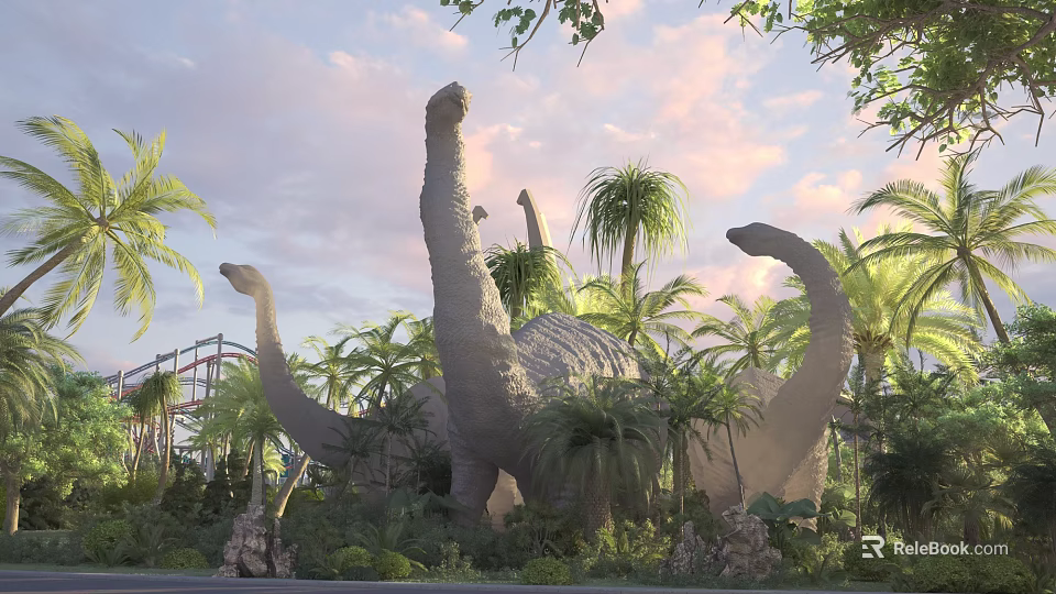 Giant Reptile Dinosaur Models In Tropical Park With Palm Trees And Sunset Sky 3d model 
