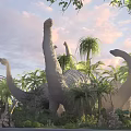 Giant Reptile Dinosaur Models In Tropical Park With Palm Trees And Sunset Sky
