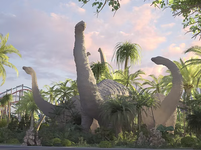 Giant Reptile Dinosaur Models In Tropical Park With Palm Trees And Sunset Sky 3d model