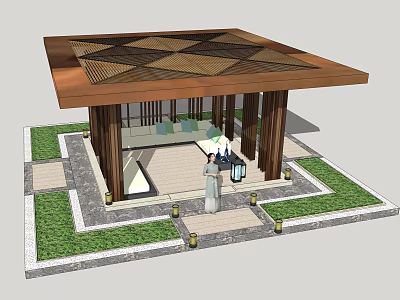 Wooden Pergola with Latticed Roof and Sofa in Garden with Lawn and Stone Path 3d model