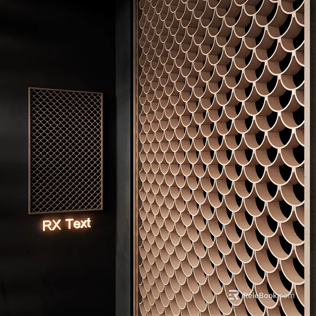 Decorative Wooden Room Dividers with Grid and Scalloped Patterns on Black Background 3d model 