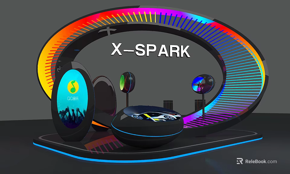 X SPARK Futuristic Display Setup With Colorful Circular Lights And Illuminated Screens 3d model 