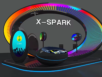 X SPARK Futuristic Display Setup With Colorful Circular Lights And Illuminated Screens 3d model