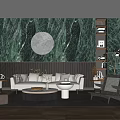 Elegant Living Room with Green Marble Feature Wall Circular Relief White Sofa Round Coffee Table