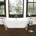 White Bathtub with Golden Feet and Forest View Windows Decorative Flower Vase Side Table Toiletries