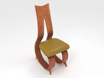 Unique Brown Wooden Single Chair With Green Cushion Curved Backrest And Artistic Frame Design 3d model
