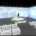 Modern Event Stage Setting With Speaker Blue Visual Front Trend Background And White Sofas 3d model