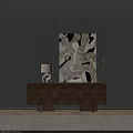 Modern Minimalist Entryway Wooden Console Table With White Lamp Vase Green Plant And Abstract Painting