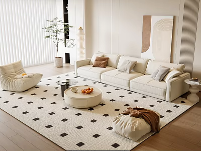 Modern Sofa Coffee Table Set With Round Table Geometric Rug Accent Chair Potted Plant And Wall Art 3d model