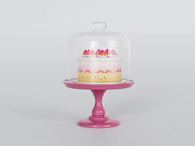 Fresh Strawberry Decorated Cake On Pink Cake Stand With Glass Dome 3d model
