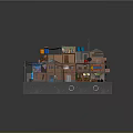 Cartoon Scene of Quaint Brick Buildings With Colorful Awnings Small Shops and Signboards