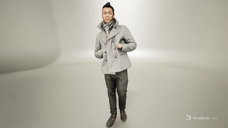 Man in Gray Double Breasted Coat With Scarf Dark Pants Leather Shoes in Minimalist Studio 3d model 
