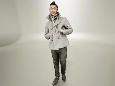 Man in Gray Double Breasted Coat With Scarf Dark Pants Leather Shoes in Minimalist Studio 3d model