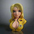 3D Woman Bust With Blonde Hair Blue Eyes Yellow Tight Outfit And Badges