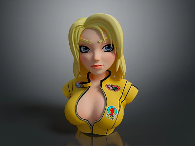 3D Woman Bust With Blonde Hair Blue Eyes Yellow Tight Outfit And Badges 3d model
