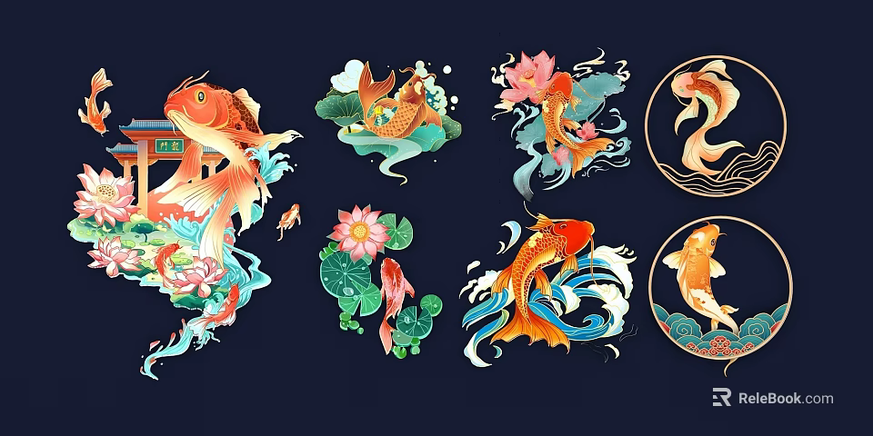 Colorful Traditional Koi Fish Wall Decor with Lotus Wave and Circular Patterns 3d model 