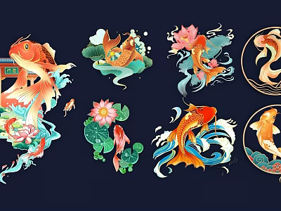 Colorful Traditional Koi Fish Wall Decor with Lotus Wave and Circular Patterns 3d model