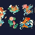 Colorful Traditional Koi Fish Wall Decor with Lotus Wave and Circular Patterns