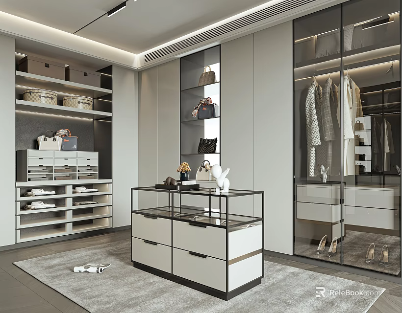 Modern Walk-in Closet Interior With Glass Door Cabinets Open Shelves Storage Boxes And Display Cabinet 3d model 