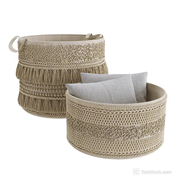 Decorative Beige Woven Storage Baskets For Home With Fringe And Gray Pillows 3d model 