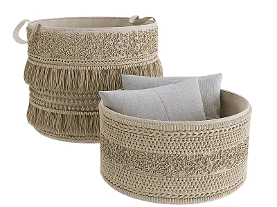 Decorative Beige Woven Storage Baskets For Home With Fringe And Gray Pillows 3d model