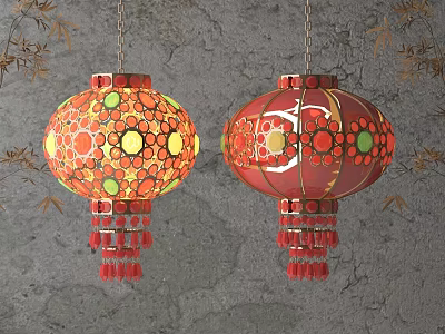 Hanging Decorative Red And Orange Lanterns With Colorful Dot Patterns And Tassels 3d model
