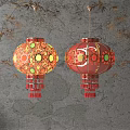 Hanging Decorative Red And Orange Lanterns With Colorful Dot Patterns And Tassels