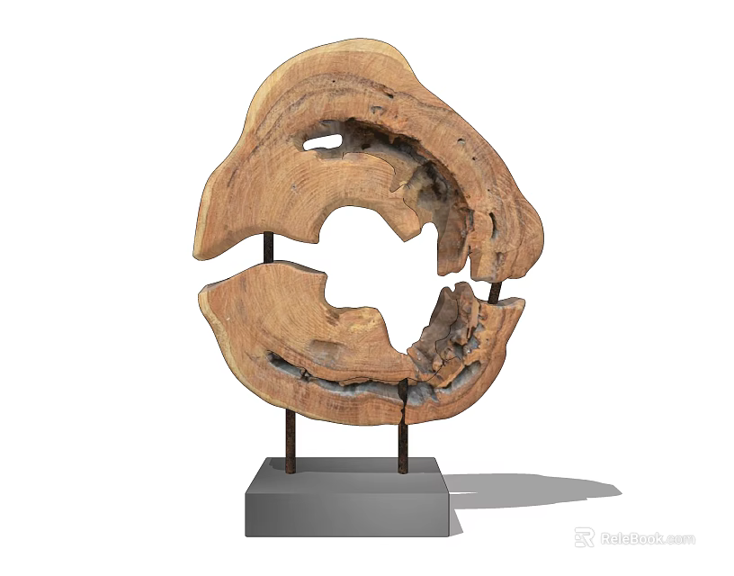 Wooden Decorative Sculpture Set With Hollow Design And Gray Base Metal Stand 3d model 