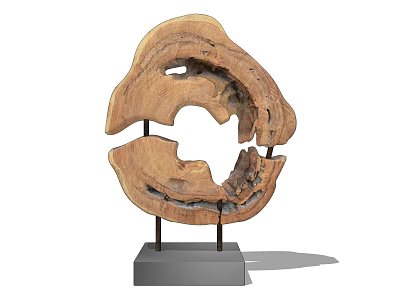 Wooden Decorative Sculpture Set With Hollow Design And Gray Base Metal Stand 3d model