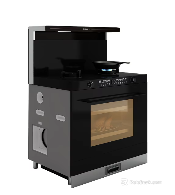 Black Integrated Kitchen Appliance With Stove Top Oven And Range Hood Design 3d model 