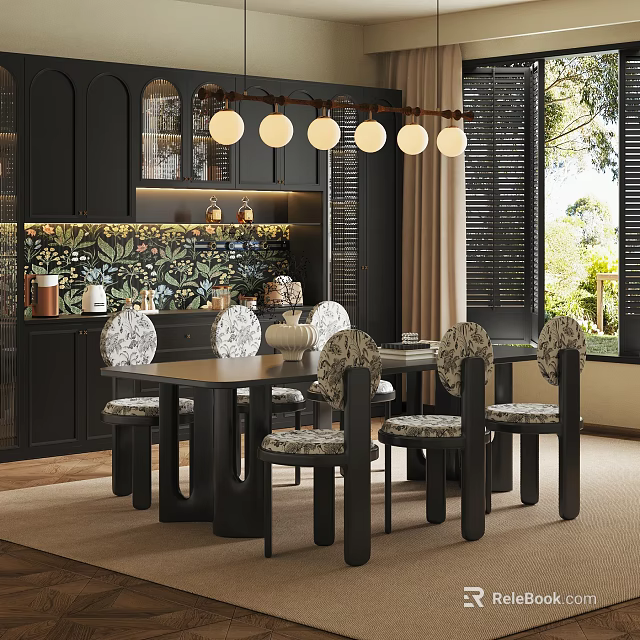 Modern Restaurant Interior With Dark Cabinets Mural Pendant Lights Dining Table And Upholstered Chairs 3d model 